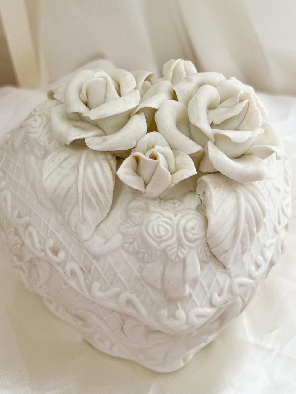 Vintage White Bisque Porcelain Rose Heart Trinket Box